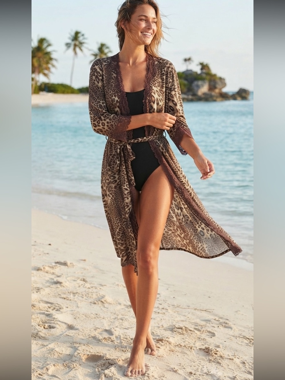 Soma Leopard Print Lace Trim Kimono Robe Medium M Brown Cheetah Slinky Cover up